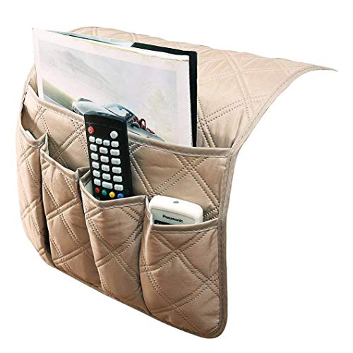 IPENNY Couch Sofa Armrest Organiser Chair TV Remote Holder Bed Storage Pocket Bag for Cellphone Tablet Notepad Book Magazines DVD Eyewears Drinker Snacks Holder Pouch - color: Beige (5 Pockets)