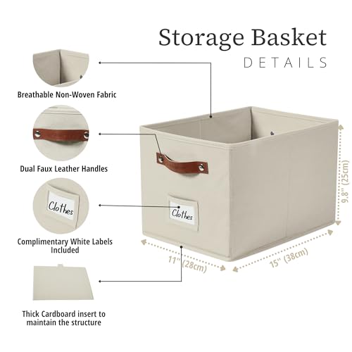 DECOMOMO Storage Baskets for Shelves - Large 15"x11"x10" Foldable Fabric Storage Bins, Baskets for Organizing with Labels (Beige, 4pcs) - color: Beige