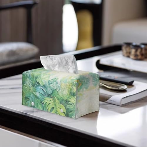Green Palm Leaves Leather Tissue Box Cover PU Leather Facial Tissue Tissue Box Cover Rectangle Square Leather Tissue Cover Decorative Organizer for Bathroom Vanity Countertop - color: Green Palm Leaves