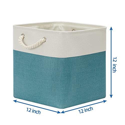 Temary Cubes Storage Baskets 12 Inch Cube Storage Bins for Shelf, Fabric Storage Cubes for Gift Empty Baskets for Home, Collapsable Box Basket for Storage (White&Teal) - color: white&teal, size: 12"L x 12"W x 12"H