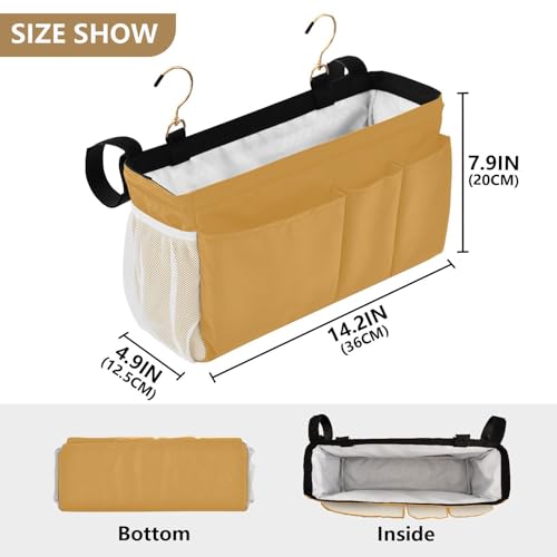 Mustard Yellow Bedside Caddy Storage Bag Bedside Organizer for Bunk Bed Headboards College Hanging Bag Bedside Shelf 6 Pockets with Hooks for Magazine Water Bottle Holder - color: Mustard Yellow
