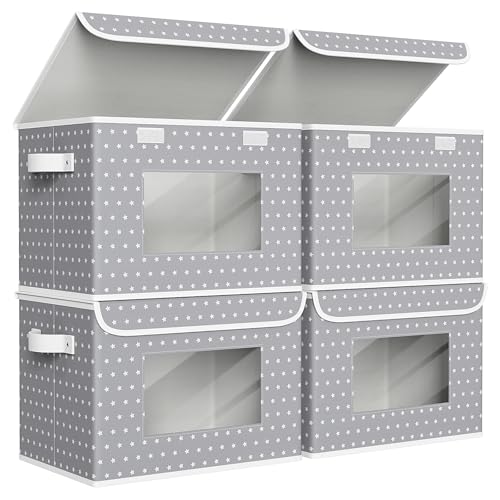 Univivi Fabric Foldable Storage Boxes [4-Pack] Large Collapsible Stackable Storage Bins with Lids, Closet Organizers and Storage Cube Basket for Home, Office, Bedroom (Gray Star, 17”x 12” x 12”) - color: Grey Star, size: 17''-4 Pack