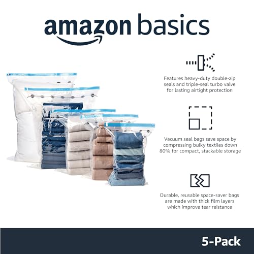 Amazon Basics Vacuum Storage Bags, Compression Space Saving for Clothes and Linens, Reusable with Hand Pump, Large, Clear, 5-Pack - size: Large