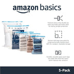 Amazon Basics Vacuum Storage Bags, Compression Space Saving for Clothes and Linens, Reusable with Hand Pump, Large, Clear, 5-Pack - size: Large