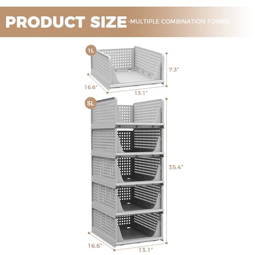 Pinkpum 5 Pack Folding Closet Organizers Storage Box, Stackable Plastic Drawer Basket for Clothing, Stackable Storage Bins Shelf Storage Container for Closet Wardrobe Bedroom Bathroom Office (Grey) - color: Grey, size: 5 Pack L