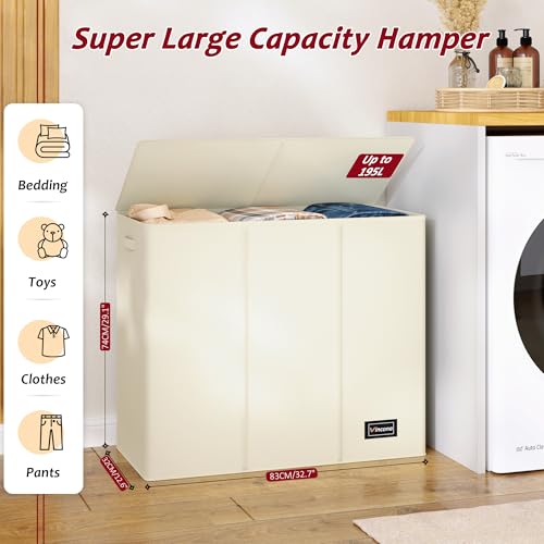 195L Laundry Hamper 3 Section,Large Laundry Hamper with Lid,Dirty Clothes Hamper with 3 Inner Bags,Collapsible Laundry Basket Organizer for Laundry Room,Bedroom,Laundry Sorter Hamper 3 Compartment - color: Beige, size: 195L