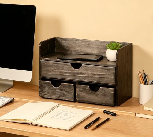 Vintage Rustic Wooden 3 Drawer with Shelf Office Desk Organizer & Mail Rack For Desktop,makeup holder Box for Office Home Toiletries Supplies Vanity, No Assembly Required (Rustic Black) - color: Wood
