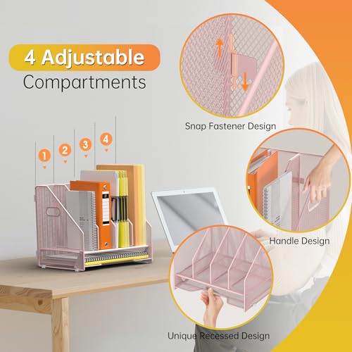 Docnest Desk File Holder Sorter, 4 Vertical Compartments Rack with Letter Tray, Mesh Magazine File Holder with Handle,Workspace Organizers,Desk Organizers for Paper, Mail, Documents-Pink - color: Pink-4 Compartments