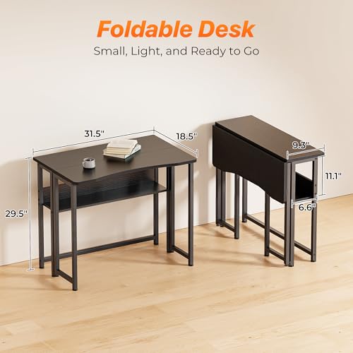 Huuger Folding Desk with Storage Shelf, 31.5 Inch Foldable Computer Table for Small Spaces, Space Saving Sofa Table for Couch, Writing Work Office Computer Desk, Easy to Fold, Black - color: Black, size: 18.5"D x 31.5"W