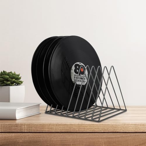 EASEPRES Vinyl Record Holder Storage, 9 Slot Metal Magazine Book Album Display Rack, Stylish Triangle Desktop File Sorter Organizer for Home Office, Grey - color: Grey