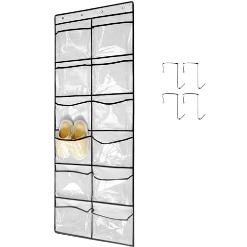Clear Crystal 1 Pack 12Pockets Large Hanging Shoe Organizer Over The Door Shoe Rack for Closet Door Storage Shoe Holder Hanger, 4Hooks, White (59'' x 21.6'') - color: White-1
