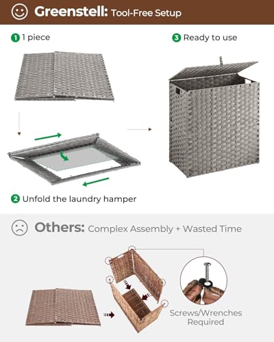 Greenstell Laundry Hamper with lid, No Install Needed, 110L Wicker Laundry Baskets Foldable 2 Removable Liner Bags, 2 Section Clothes Hamper Handwoven Rattan Laundry Basket with Handles, Gray - color: Gray, size: 110L (22.2x13.3x24.0 Inches)