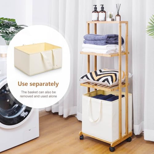 Homde Laundry Basket 3 Tier Bamboo Storage Shelf with Wheels Removable Container with Handle Freestanding Clothes Hamper Organizer for Bathroom Living Room Bedroom (Natural) - color: Natural