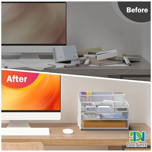 Docnest 3 Tier Mesh Desk Organizer for Paper Office Supplies – Multi-Functional Letter Tray with 5 Adjustable Compartments, 3 Pen Holders, Desktop Storage for Files, Mail, Stationery – White - color: White, size: 12.7" x 9.1" x 8.6"