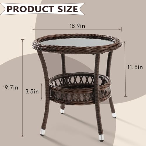 Outdoor Side Table Wicker Outdoor End Table for Patio Rattan Side Table for Outside Brown Patio Coffee Table with Storage & Glass Table Top Round for Backyard Porch - color: Brown