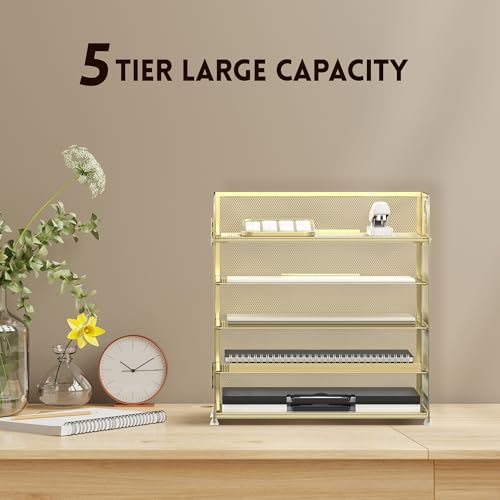 Supeasy 5 Trays Paper Organizer Letter Tray with Handle-Mesh Desk File Organizer, Paper Sorter Desk Organizer for Office, Home or School (Golden) - color: Golden