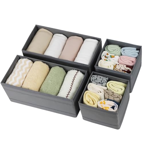 Washable Cloth Drawer Organizer, Set of 4 Foldable Sock Dresser Drawer Organizers Storage Boxes, Fabric Storage Boxes Closet Cabinet Organizer for Clothes (Gray, 2M+2S) - color: Gray, size: 2S+2M