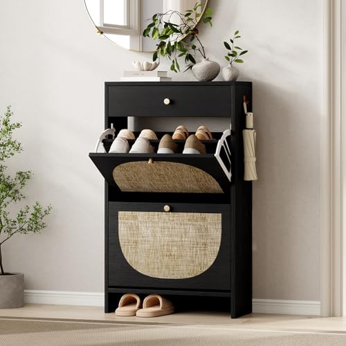 Shoe Storage Cabinet for Entryway, Slim Shoe Rack with 2 Flip Drawers and Top Storage Drawer, Narrow Shoe Organizer with Arched Rattan Accent, Entryway Shoe Storage for Size 13.5 Shoes, Black - color: Ebony Black, style: 2 Flip Drawer & Top Drawer