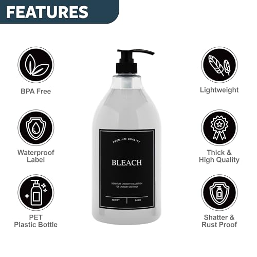Calindiana Modern Farmhouse Bleach Liquid Laundry Detergent Dispenser for Laundry Room Decor and Organization, PET Plastic Landry Soap Containers with Water Resistant Label, Clear 64oz - color: Clear Bottle/Black Label, style: BLEACH