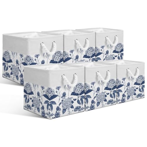 LemonRoad 6 Pcs Blue Hydrangea Cube Storage Bins 11.22 Inch Square Storage Basket with Handle, Preppy Girls Organizer Basket, Collapsible Fabric Box for Classroom Bedrooms Office Home Decoration Gift - color: Blue, size: 11.22 Inch, style: Hydrangea