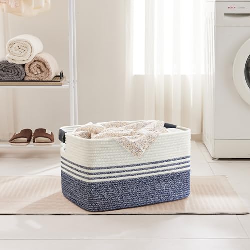 60L Large Laundry Basket with Leather Handles for Living Room Storage, Woven Rope Baskets Bin for Blanket, Kids Toy, Gifts, Wicker Hamper for Bedroom Dirty Clothes, 21"x15"x11" Denim Blue - color: Denim Blue, size: 60L