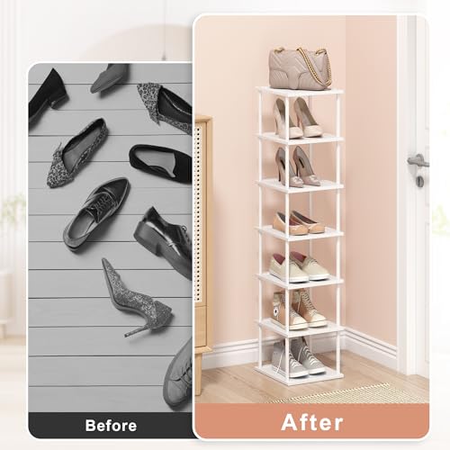 MHXW SXPN Bamboo Free Standing Shoe Rack Shelf Multi Tier Tall Wooden Stackable Shoes Rack Organizer for Closet Front Door Entrance Narrow Vertical Shoe Storage (White, 7 Tiers) - color: White, size: 7 Tiers