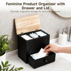 Feminine Product Organizer with Drawer, Wooden Tampon Holder for Bathroom with Flip Lid, Multi Compartment Storage Box for Pads Cotton Swabs Toiletries, 9.4 x 5.7 x 8.9 in