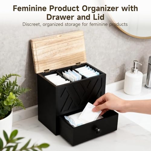 Feminine Product Organizer with Drawer, Wooden Tampon Holder for Bathroom with Flip Lid, Multi Compartment Storage Box for Pads Cotton Swabs Toiletries, 9.4 x 5.7 x 8.9 in