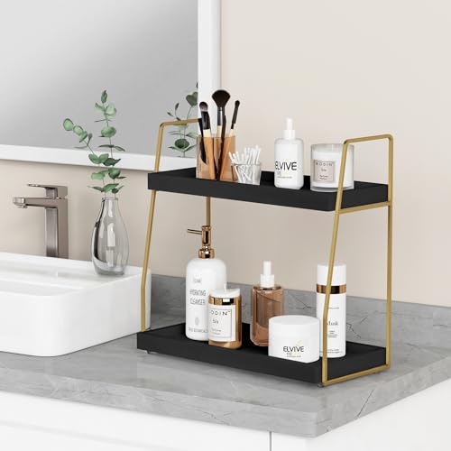 Forbena Black and Gold Bathroom Organizer Countertop, 2 Tier Counter Organizer for Bathroom Decor, Modern Sink Shelf Organizers for Vanity Storage, Make upTray for Makeup Bedroom - color: Black-gold