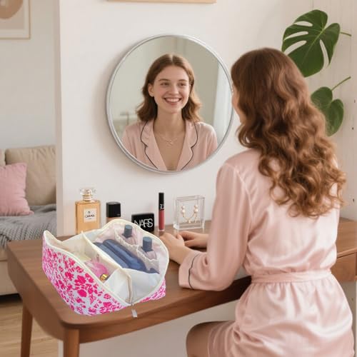 Rose Red Large Quilted Floral Makeup Bag Cute Coquette Aesthetic Cosmetic Bag Open Flat Travel Toiletry Make up Bag for Women - color: C-lay flat rose red