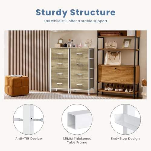 DUMOS Nightstand with 4 Drawers Bedside Table with Removable Fabric Bins Sturdy Steel Frame Wood Top Organizer Furniture for Bedroom Closet Living Room,Oak Greige - color: Oak Greige, size: 11.82"D x 17.71"W x 37.4"H (4 Drawers)