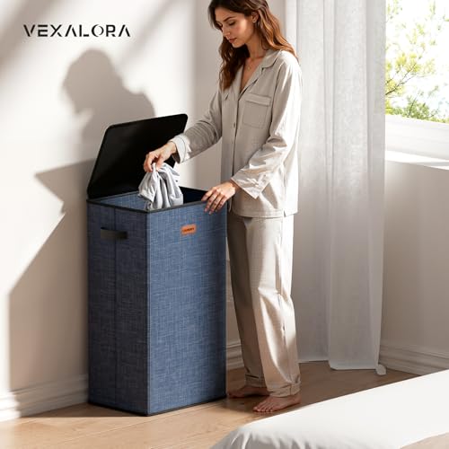 100L Laundry Hamper with Lid, Large Clothes Hampers with Removable Bag, Collapsible Laundry Basket for Bathroom, Bedroom, Laundry Room, Dorm, Navy Blue - color: Navy Bule, size: 100L - 1 Section