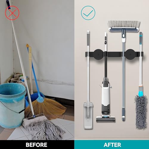 Magnetic Mop Broom Holder, Strong Non Slip Magnetic Broom Mop Hanger, Heavy Duty Magnetic Hooks for Hanging Shovel Rake Tools, Wall Mounted Utility Storage Magnet Rack 4 Rack - color: 4 Rack - Broom Mop Holder