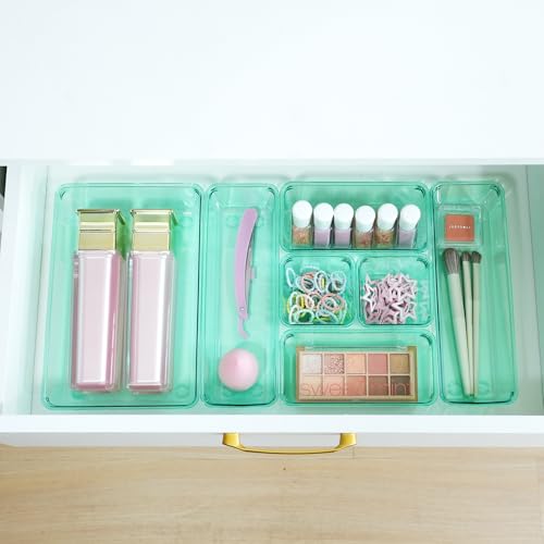 Kitchen Desk Drawer Organizers Storage for Office, Small Acrylic Vanity Trays Makeup for Drawer Bathroom Plastic Make up Organizers 25 Pcs Green - color: Clear Green