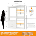 Closet System with 2 Sets, 4FT-10FT Closet Organizer Systems with 3 Wooden Drawers 7 Shelves & 3 Hanging Rods, Walk in Closet freestanding Corner Modular Closet Storage System White (4FT)