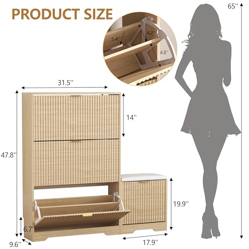 HUANLEGO Shoe Cabinet Storage for Entryway with 4 Flip Drawers, Oak Fluted Shoe Cabinet with Bench, Wooden Hidden Shoe Rack Freestanding Narrow Slim Shoes Storage Organizer for Hallway, Entrance - color: Oak, size: 4 Drawer with Bench