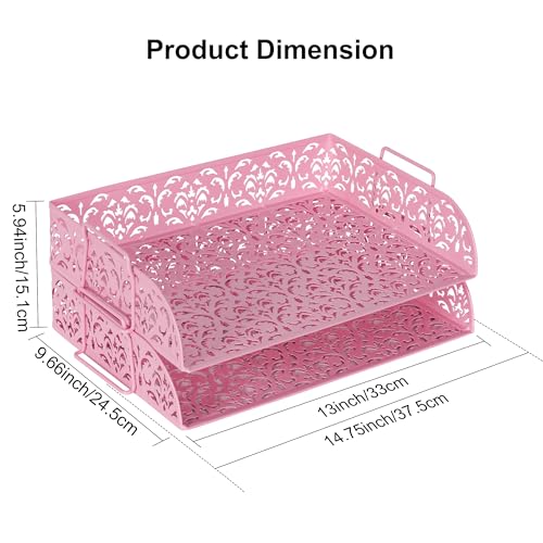 EasyPAG Paper Organizer for Desk 2 Tier Stackable Paper Tray for A4 Legal Size Folders Metal File Storage Desktop Organizer for Home Office School Teacher, Pink - color: Pink