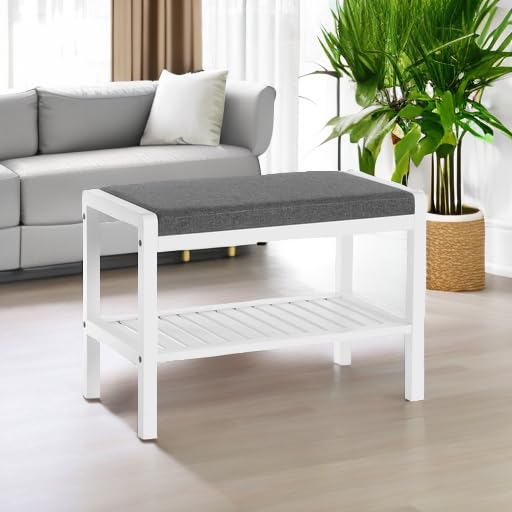 SONGMICS Shoe Rack Bench with Cushion Upholstered Padded Seat, Storage Shelf, Shoe Organizer, Holds Up to 350 lb, Ideal for Entryway Bedroom Living Room Hallway Garage Mud Room Gray and White ULBS65WN - color: Gray + White