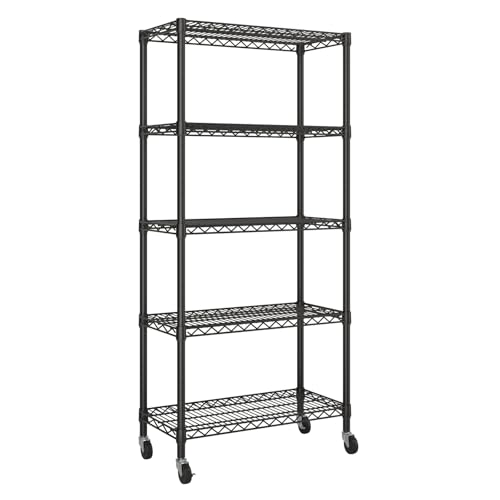 Golpart 5 Tier Shelves Storage Shelf Wire Closet Bathroom Organizers Metal Pantry Kitchen Garage Shelving Unit Laundry Room Organization Home Rack Net Basket Black with Wheels 14”D X 30”W X 70”H - color: Black, size: 5 shelves (14 "D X 30 "W X 70.2 "H)
