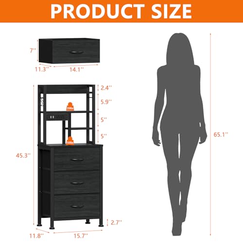 Furnulem Tall Night Stand with 3 Fabric Drawers and LED Lights, Nightstand with Bookshelf, 45.3inch Tall Bedside Tables with USB Ports in Bedroom, Dorm, Office,Metal Frame, Wood Shelves (Black Oak) - color: Black Oak, size: 3 Drawer