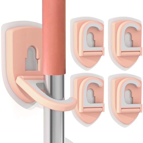 Broom Holder Wall Mount Self Adhesive, Broom and Mop Organizer Wall Hanging, No Drilling Anti-Slip Broom Hook Over Door for Home, Kitchen, Garden, Garage Storage (4-Pack, Coral Pink) - color: Coral Pink, size: 4 Pieces