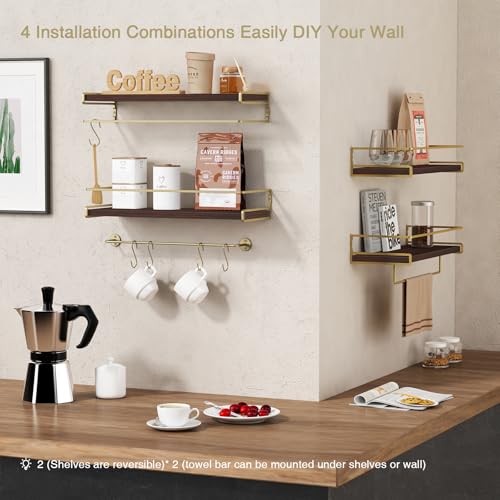 Floating Shelves Bathroom Shelves Over Toilet Set of 2, Bathroom Wall Shelves with Towel Bar, Wall Mounted Vanity Shelf for Bedroom, Kids Room, Kitchen (Brown & Gold) - color: 4. Brown-gold