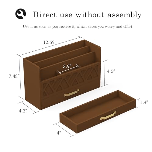 WISUCART Bamboo Mail Organizer Countertop Wood Desk Organizer Drawer Tabletop Storage Box Letter Sorter Makeup Organizer for School Home Office Supplies Brown - color: Brown