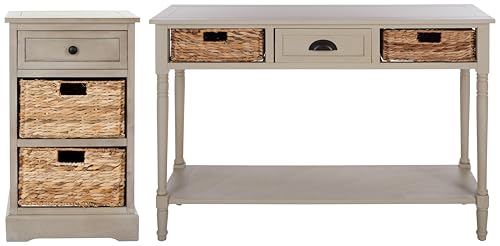 SAFAVIEH Home Collection Carrie Vintage Grey / Natural Wicker 3-Drawer Storage Nightstand Side Table (Fully Assembled) - color: Vintage Grey