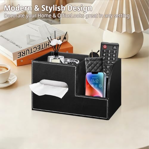 Leather Square Tissue Box Cover with Storage Tray,Cube Tissue Box Holder,Modern Facial Paper Organizer with Remote Control Holder for Bathroom,Vanity Countertop,End Table NightStand Home Office.Black - color: Black