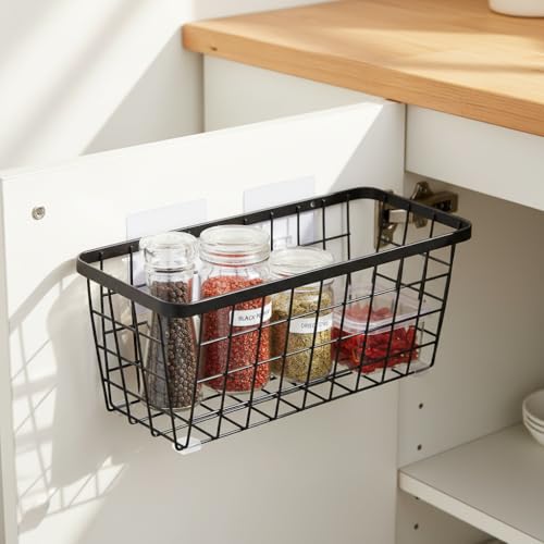 2 Pack Hanging Wall Basket Organizer Over the Cabinet Door Wire Baskets for Organizing -Space-Saving Hanging Baskets for Organizing Wall Mount Storage,No Drilling Adhesive Wall Storage Basket, Black - color: Black-New, size: 2 PACK