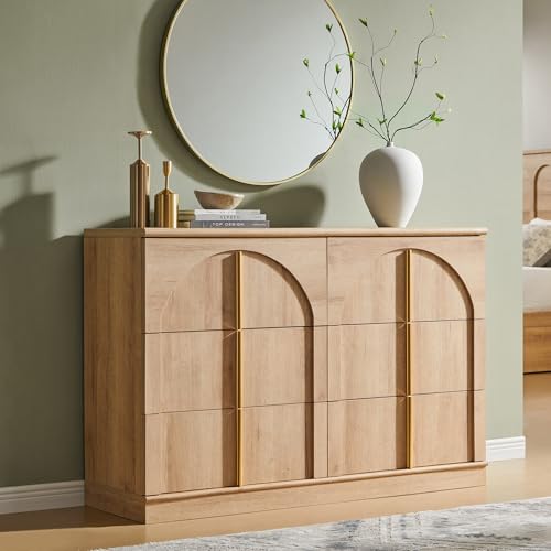ACCOHOHO Arched Dresser for Bedroom with 6 Drawers, 47.3" Wide Modern Chest of Drawers with Rounded Edge & Metal Handles, Wood Storage Closet Dressers TV Stand for Living Room, Hallway, Oak - color: Natural Oak, size: 15.6"D x 47.3"W x 32"H (6 Drawers)