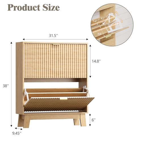 HUANLEGO Shoe Cabinet Storage for Entryway with 2 Flip Drawers, Fluted Narrow Shoe Organizer with Wooden Legs, Freestanding Slim Shoe Storage Hidden Shoe Rack Organizer for Front Door Entrance, Oak - color: Oak, size: 2 Drawer