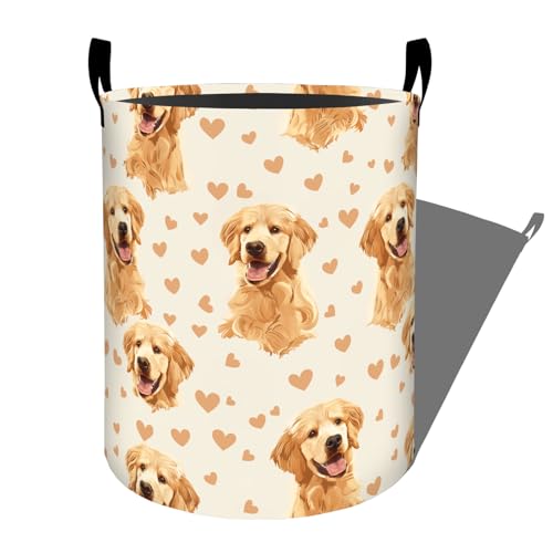 Cute Golden Retrievers with Hearts Laundry Basket with Handles, 19.7"x15.7" Clothes Foldable Laundry Hamper Organizer for Dorm Nursery Bedroom Bathroom Decor, Toy Storage Bin for Kids - style: Golden Retriever12