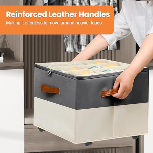 Shoe Organizer for Closet, 2 Pack Shoe Storage Organizer with Wheels and Adjustable Dividers, Stackable Shoe Storage Box with Clear Cover, Closet Shoe Organizer Fits up to 16-32 Pairs, Gray and Beige - color: Gray and Beige, size: 17"L x 17"W x 12 ½"H-2 P